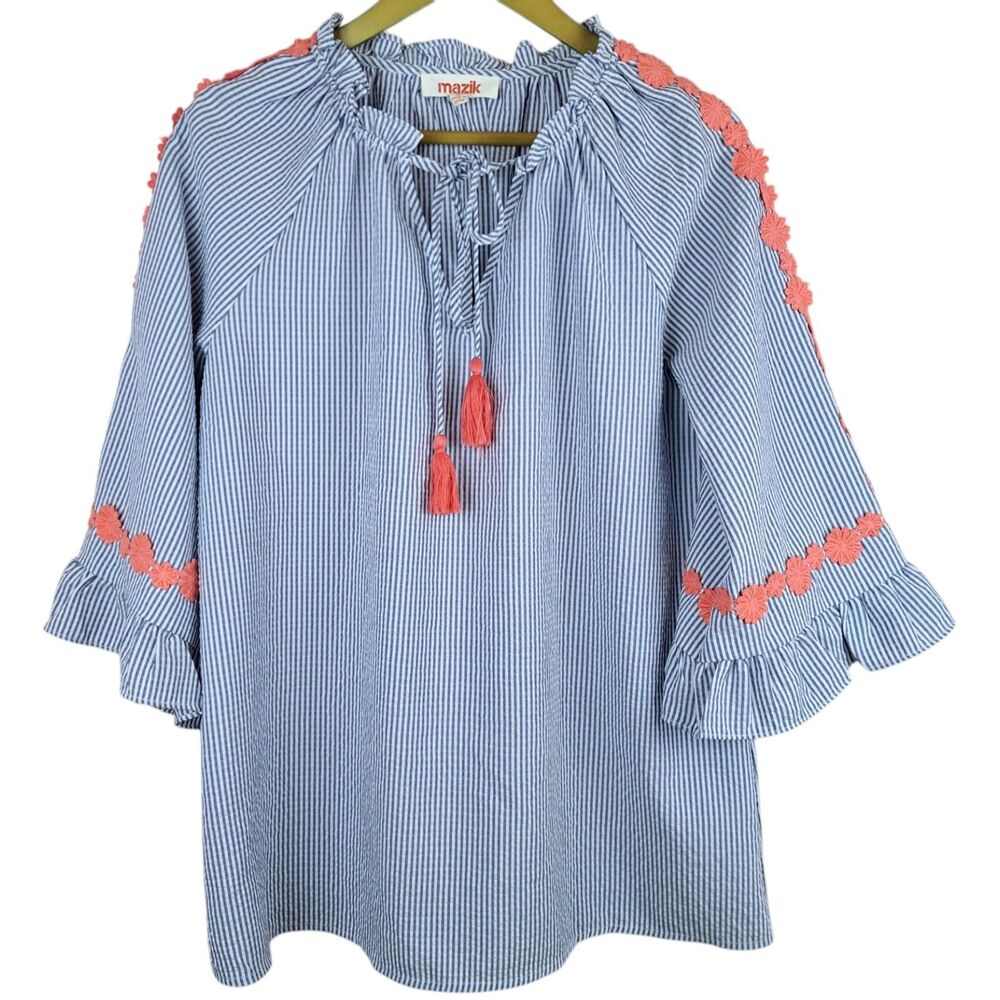 Mazik Boutique Women Top Lightweight Relaxed Fit Size M Blue Striped